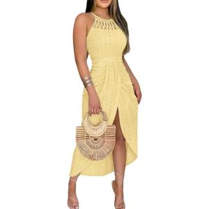 image:imageCHICME Womens Summer Halter Ruched Bodycon Long Dresses Hollow Out A Line Eyelet Embroidery amp Side Slit Vacation Tank DressYellow