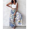 image:imageCHICME Boho Floral Shirred High Waisted Wide Leg Pants Flowy Trousers Summer Beach Vacation WearBlue White