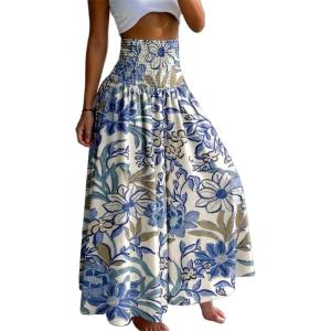 image:imageCHICME Boho Floral Shirred High Waisted Wide Leg Pants Flowy Trousers Summer Beach Vacation WearBlue White
