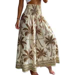 image:imageCHICME Boho Floral Shirred High Waisted Wide Leg Pants Flowy Trousers Summer Beach Vacation WearCoffee