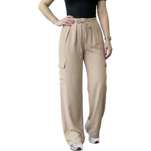image:imageCHICME Womens Casual Drawstring Pants High Waist Flap Pockets Design Elastic Back Waist Wide Leg TrousersKhaki