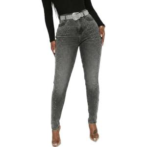 image:imageCHICME Womens Rhinestone Skinny Jeans High Waisted Washed Stretchy Denim Pants Party StreetwearDark Grey