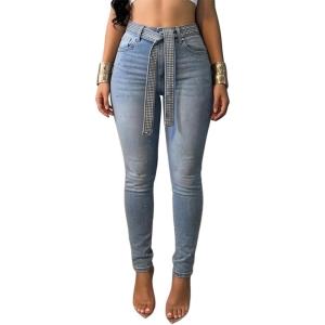 image:imageCHICME Womens Rhinestone Skinny Jeans Light Blue High Waisted Stretchy Denim Pants with Belt Party Date NightLighted Blue