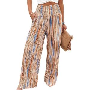 image:imageCHICME Womens Wide Leg Pants Boho High Waisted Pants Flowy Striped Palazzo Pants with PocketsBrown