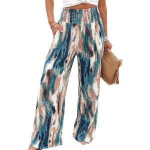 image:imageCHICME Womens Wide Leg Pants Boho High Waisted Pants Flowy Striped Palazzo Pants with PocketsGreen