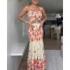 image:imageCHICME Floral Printed Prom Dress Tie Ruched Shirred Bandeau Party Dress Slim Fit Ruffle Hem Vacation DressesApricot