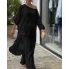 image:imageCHICME Women 2 Piece Outfits Cold Shoulder Long Sleeve Top Wide Leg Pants Linen Matching Lounge SetBlack