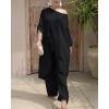 image:imageCHICME Women 2 Piece Outfits Cold Shoulder Long Sleeve Top Wide Leg Pants Linen Matching Lounge SetBlack