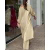 image:imageCHICME Women 2 Piece Outfits Cold Shoulder Long Sleeve Top Wide Leg Pants Linen Matching Lounge SetLight Khaki