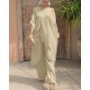 image:imageCHICME Women 2 Piece Outfits Cold Shoulder Long Sleeve Top Wide Leg Pants Linen Matching Lounge SetLight Khaki