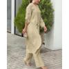 image:imageCHICME Women 2 Piece Outfits Cold Shoulder Long Sleeve Top Wide Leg Pants Linen Matching Lounge SetLight Khaki