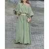 image:imageCHICME Women Summer 2 Piece Outfits Off Shoulder Top Flowy Wide Leg Pants Set Vacation Travel Airport OutfitsDgreen
