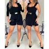 image:imageCHICME Womens 2 Pieces Outfits Thick Strap Waist Metal Decor Jumpsuit with Crop Coat Matching Set Casual Fall OutfitsAshort Black