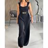 image:imageCHICME Womens 2 Pieces Outfits Thick Strap Waist Metal Decor Jumpsuit with Crop Coat Matching Set Casual Fall OutfitsRegular Black