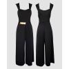 image:imageCHICME Womens 2 Pieces Outfits Thick Strap Waist Metal Decor Jumpsuit with Crop Coat Matching Set Casual Fall OutfitsRegular Black