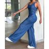 image:imageCHICME Womens Casual V Neck Elastic Waist Loose Overalls Jumpsuits One Piece Sleeveless Wide Leg Long Pant RompersBlue