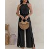 image:imageCHICME Womens Eyelet Halter Neck Jumpsuit High Waist Wide Leg Romper with Side Slit Casual Summer One Piece OutfitBlack