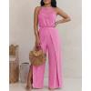 image:imageCHICME Womens Eyelet Halter Neck Jumpsuit High Waist Wide Leg Romper with Side Slit Casual Summer One Piece OutfitHot Pink