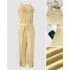 image:imageCHICME Womens Eyelet Halter Neck Jumpsuit High Waist Wide Leg Romper with Side Slit Casual Summer One Piece OutfitLight Yellow