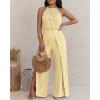 image:imageCHICME Womens Eyelet Halter Neck Jumpsuit High Waist Wide Leg Romper with Side Slit Casual Summer One Piece OutfitLight Yellow