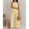 image:imageCHICME Womens Eyelet Halter Neck Jumpsuit High Waist Wide Leg Romper with Side Slit Casual Summer One Piece OutfitLight Yellow