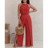 image:imageCHICME Womens Eyelet Halter Neck Jumpsuit High Waist Wide Leg Romper with Side Slit Casual Summer One Piece OutfitRed