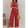 image:imageCHICME Womens Eyelet Halter Neck Jumpsuit High Waist Wide Leg Romper with Side Slit Casual Summer One Piece OutfitRed