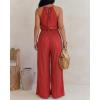 image:imageCHICME Womens Eyelet Halter Neck Jumpsuit High Waist Wide Leg Romper with Side Slit Casual Summer One Piece OutfitRed