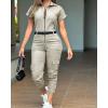 image:imageCHICME Womens Short Sleeve Jumpsuit Turn Down Collar Casual Zip Up Jumpsuits Pocket Design Cargo RomperAkhaki