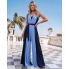 image:imageCHICME Womens Sleeveless Colorblock Jumpsuit Casual Plunge V Neck Waist Tied Detail Pleated RomperAdark Blue