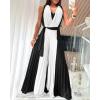 image:imageCHICME Womens Sleeveless Colorblock Jumpsuit Casual Plunge V Neck Waist Tied Detail Pleated RomperBlack
