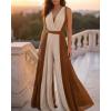 image:imageCHICME Womens Sleeveless Colorblock Jumpsuit Casual Plunge V Neck Waist Tied Detail Pleated RomperDark Brown