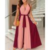 image:imageCHICME Womens Sleeveless Colorblock Jumpsuit Casual Plunge V Neck Waist Tied Detail Pleated RomperDark Red