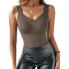 image:imageCHICME Contrast Lace V Neck Women Builtin Bra Tank Tops Sleeveless Casual Fleece Lined Slim Fit Shaping Camisole VestBrown