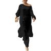 image:imageCHICME Women 2 Piece Outfits Cold Shoulder Long Sleeve Top Wide Leg Pants Linen Matching Lounge SetBlack