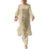 image:imageCHICME Women 2 Piece Outfits Cold Shoulder Long Sleeve Top Wide Leg Pants Linen Matching Lounge SetLight Khaki