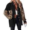 image:imageCHICME Womens Denim Jacket Sequin Patchwork Long Sleeve Jackets Top Button Front Oversized Denim ShacketLeopard