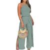 image:imageCHICME Womens Eyelet Halter Neck Jumpsuit High Waist Wide Leg Romper with Side Slit Casual Summer One Piece OutfitGreen