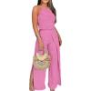 image:imageCHICME Womens Eyelet Halter Neck Jumpsuit High Waist Wide Leg Romper with Side Slit Casual Summer One Piece OutfitHot Pink