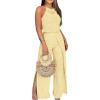 image:imageCHICME Womens Eyelet Halter Neck Jumpsuit High Waist Wide Leg Romper with Side Slit Casual Summer One Piece OutfitLight Yellow