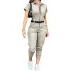 image:imageCHICME Womens Short Sleeve Jumpsuit Turn Down Collar Casual Zip Up Jumpsuits Pocket Design Cargo RomperAkhaki