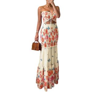 image:imageCHICME Floral Printed Prom Dress Tie Ruched Shirred Bandeau Party Dress Slim Fit Ruffle Hem Vacation DressesApricot
