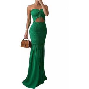 image:imageCHICME Floral Printed Prom Dress Tie Ruched Shirred Bandeau Party Dress Slim Fit Ruffle Hem Vacation DressesSolid Green