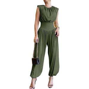 image:imageCHICME Padded Shoulders Sleeveless Cinched Waist Side High Slit Overalls Casual Hollowout Back Ruched JumpsuitArmy Green