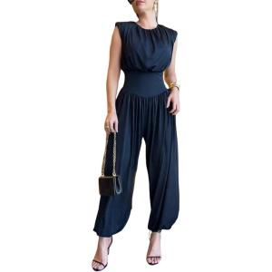 image:imageCHICME Padded Shoulders Sleeveless Cinched Waist Side High Slit Overalls Casual Hollowout Back Ruched JumpsuitBlack