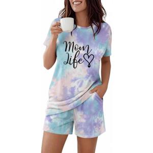image:imageCHICME Pajamas Set for Women 2 Piece Pjs Lounge Set Soft Short Sleeve Tops and Sleep Shorts with PocketMmulticolor