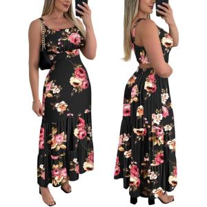 image:imageCHICME Summer Dresses for Women 2026 Sleeveless Casual Boho Maxi Dress Square Neck Cut Out Floral A Line DressBfloral Black