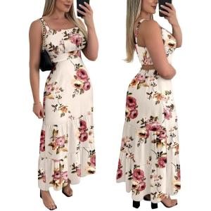 image:imageCHICME Summer Dresses for Women 2026 Sleeveless Casual Boho Maxi Dress Square Neck Cut Out Floral A Line DressEfloral Apricot