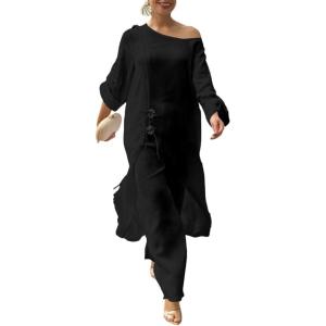 image:imageCHICME Women 2 Piece Outfits Cold Shoulder Long Sleeve Top Wide Leg Pants Linen Matching Lounge SetBlack