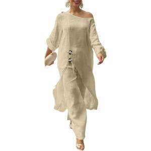 image:imageCHICME Women 2 Piece Outfits Cold Shoulder Long Sleeve Top Wide Leg Pants Linen Matching Lounge SetLight Khaki